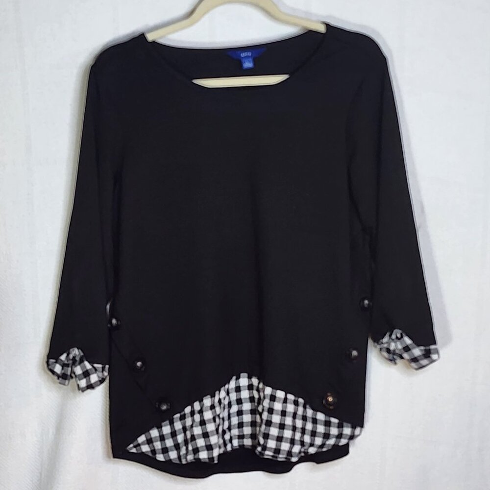 Apt. 9 Black with Check Layer Roll Cuff Sleeves Poly Rayon Span Layer Look Top L